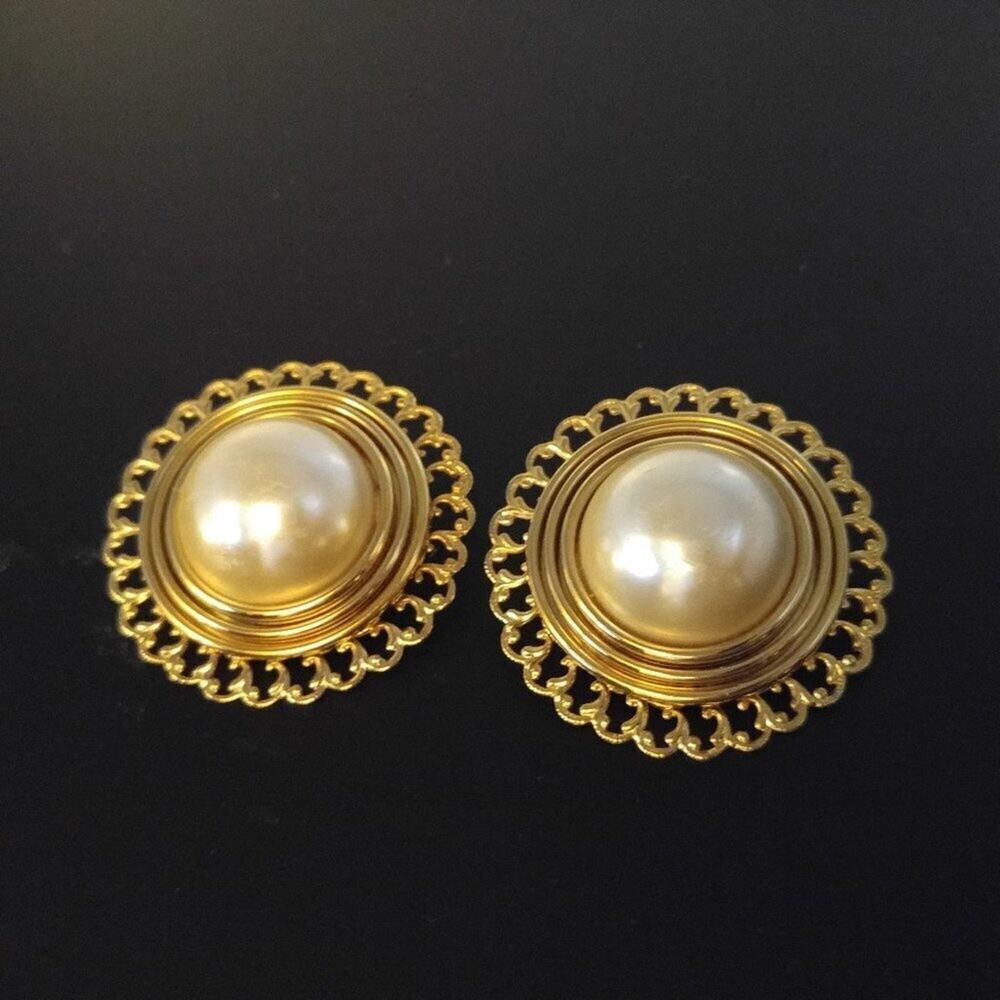 Vintage Large White Faux Pearl Clip Earrings, Filigree Frames Gold Tone, 2 Inch